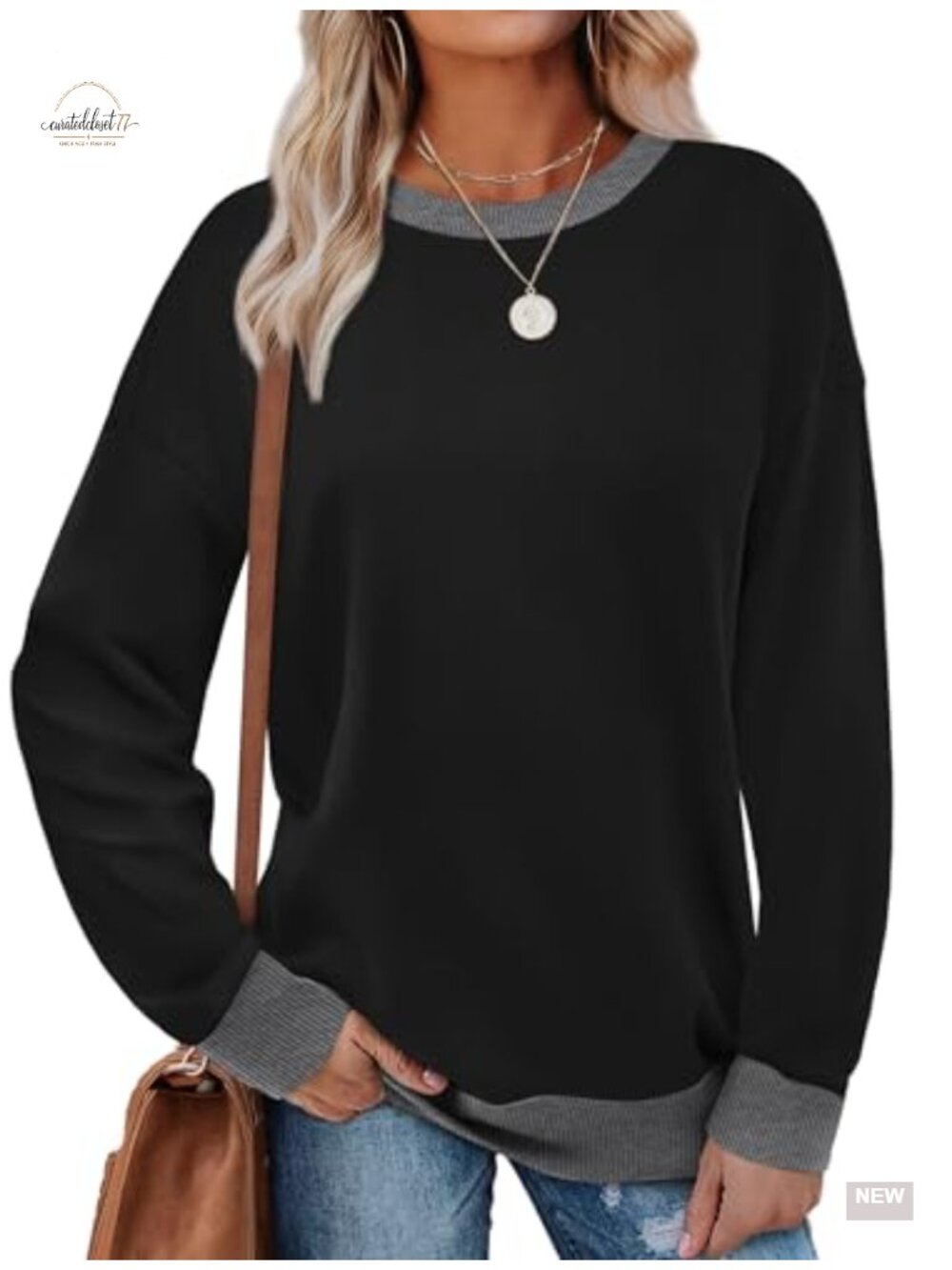 Women's Crewneck Sweatshirt Loose Fit Long Sleeve Ribbed Trim Casual Top